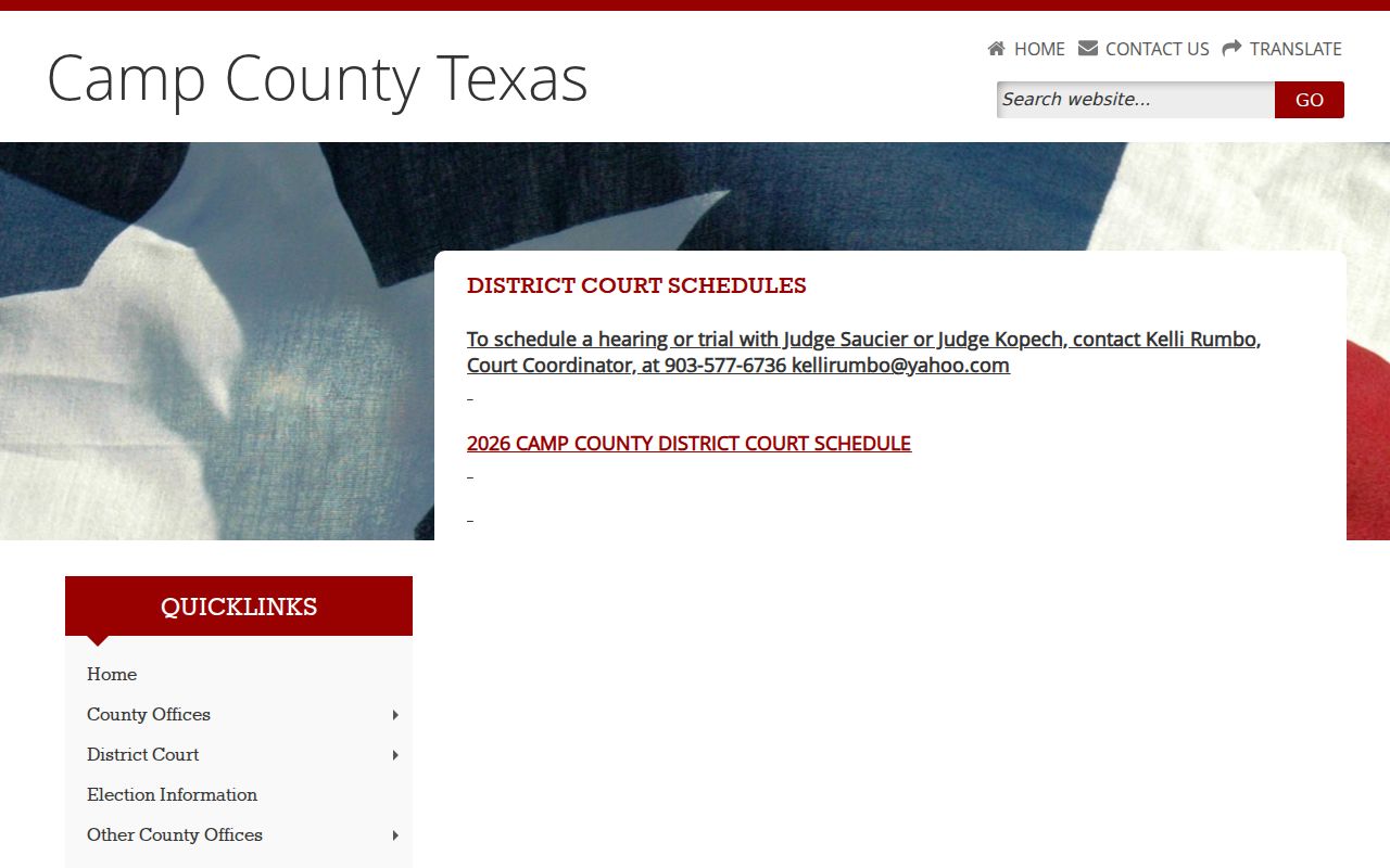 Camp County court calendar district schedule page
