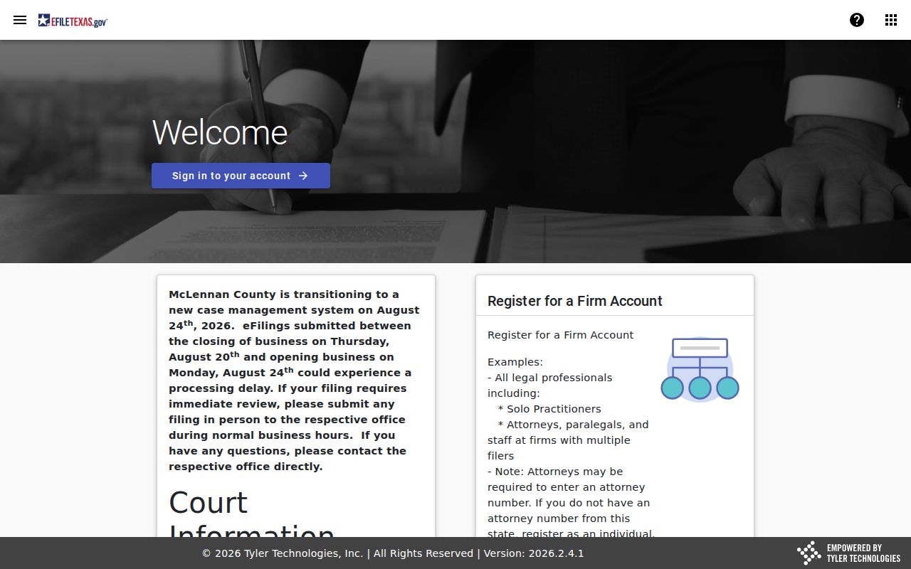 eFileTexas filing service landing page for Camp County court filings
