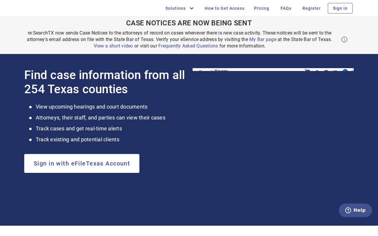 re:SearchTX statewide court-record search landing page used for Camp County