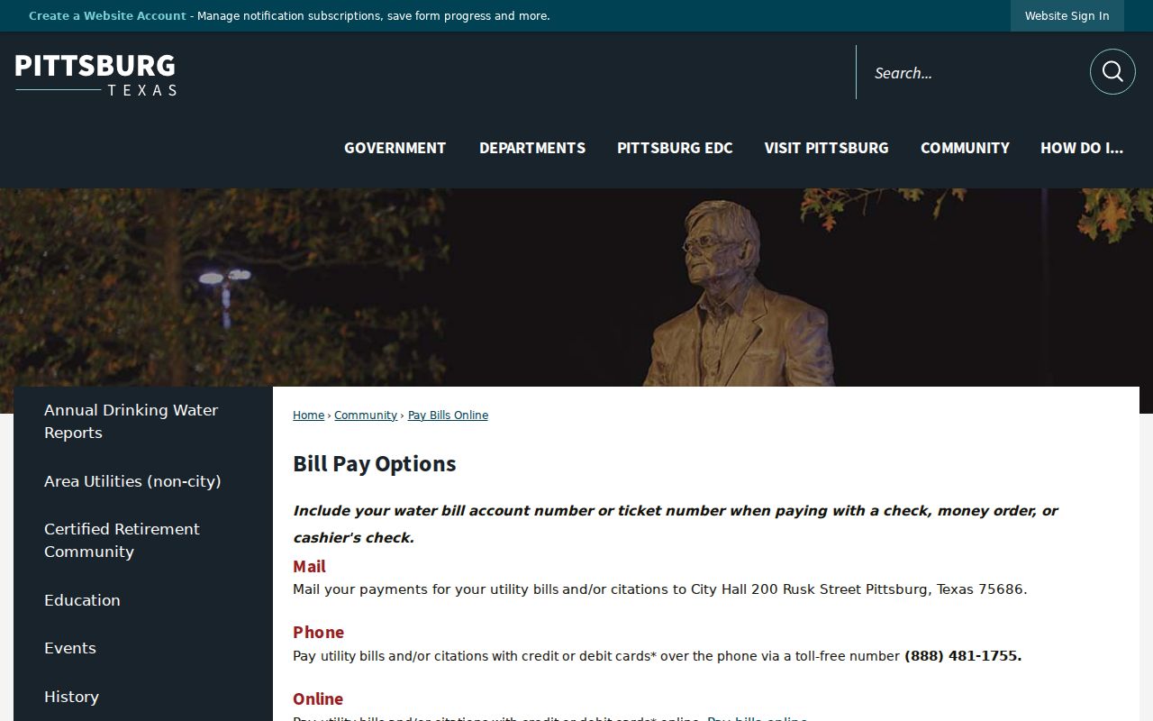 Pittsburg phone, mail, online, and night-drop payment instructions