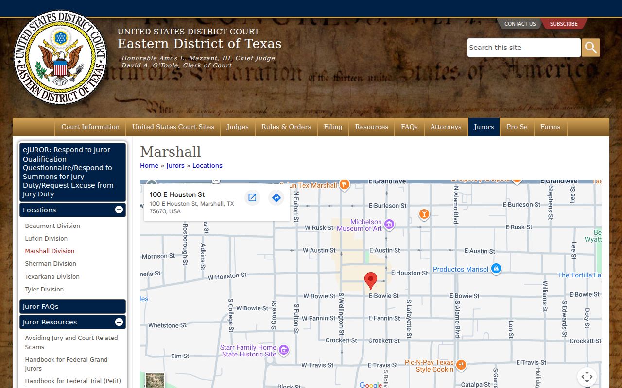Camp County federal court record access at the Marshall courthouse