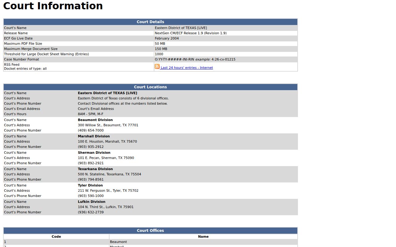 Camp County federal court records CM ECF information page