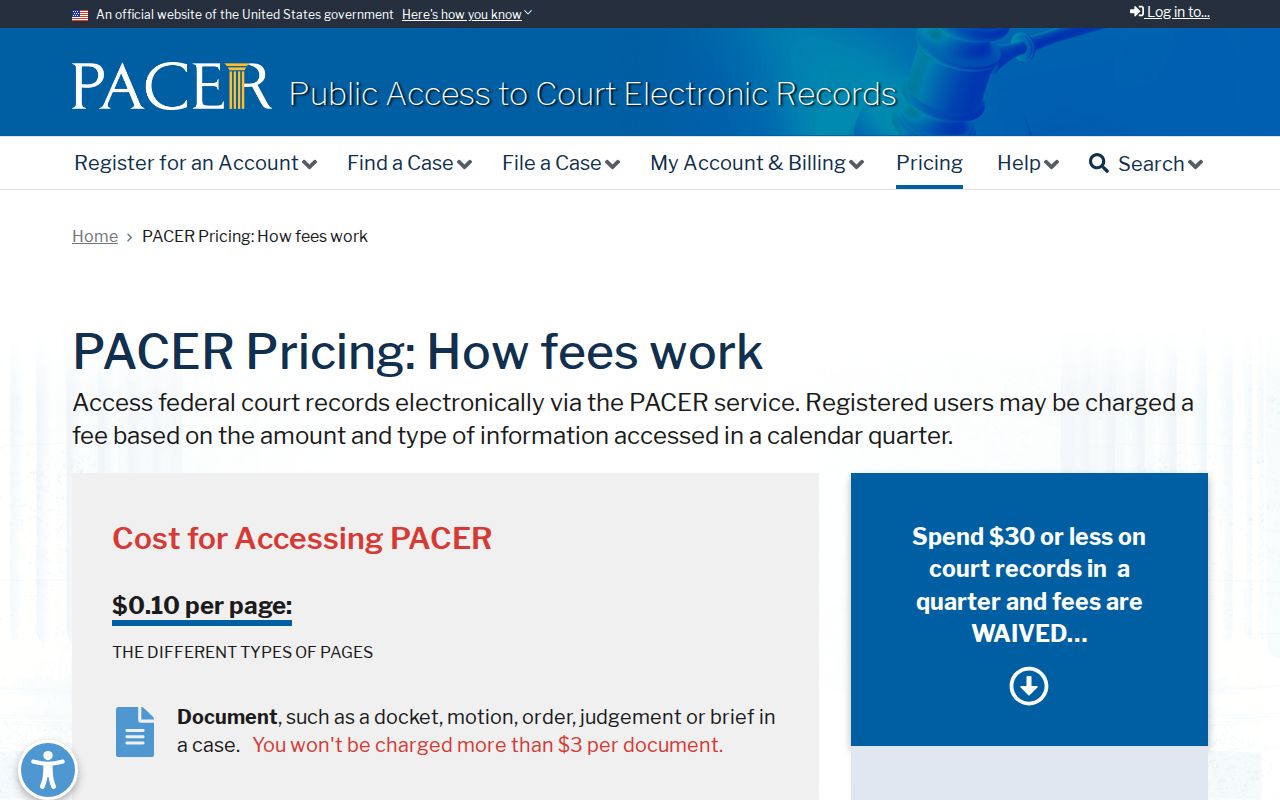 PACER electronic document pricing for Camp County federal court records