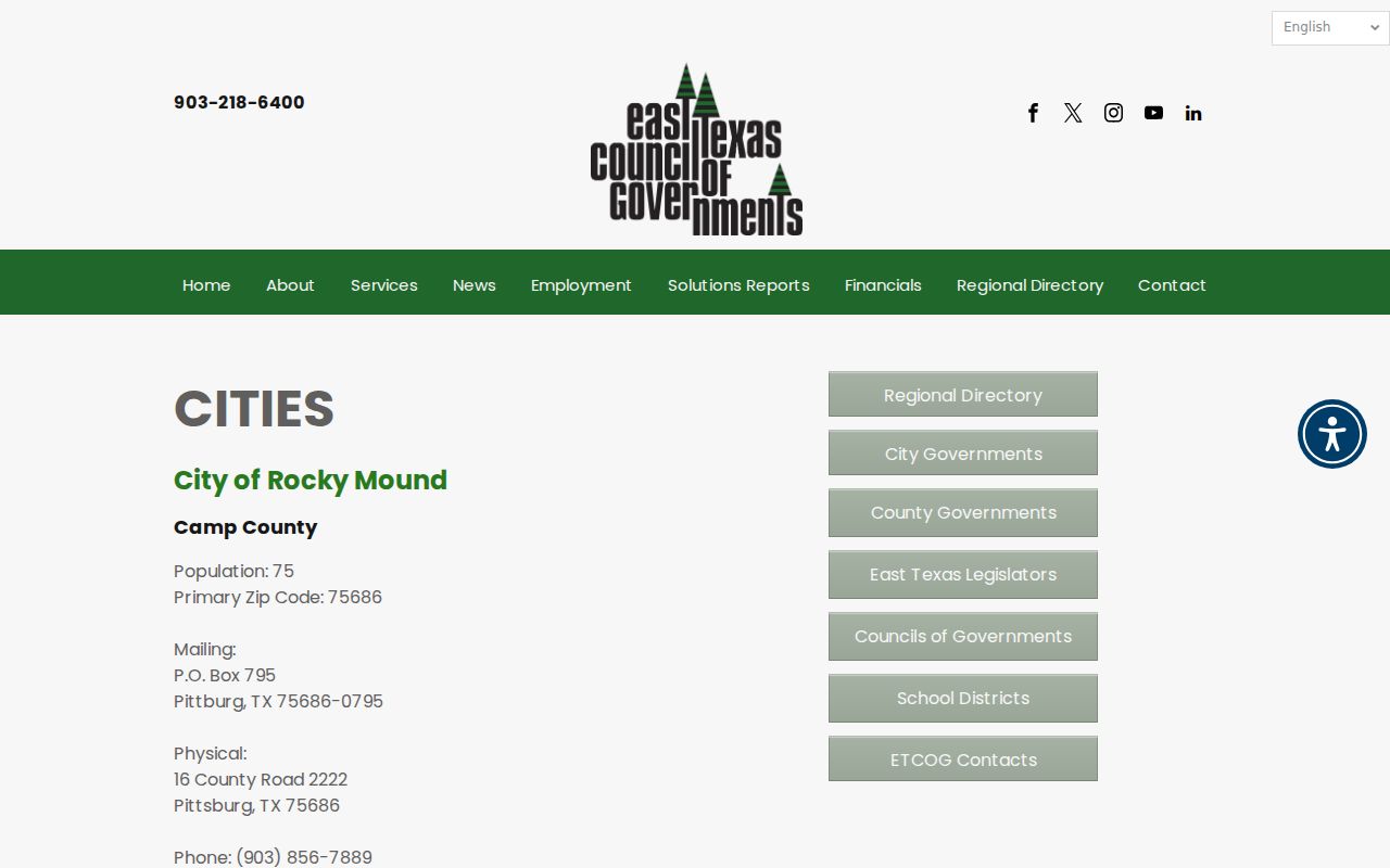 Regional government directory entry for Rocky Mound, Texas