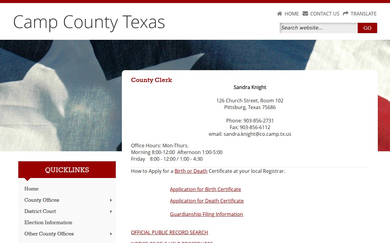 Camp County court docket County Clerk public records page