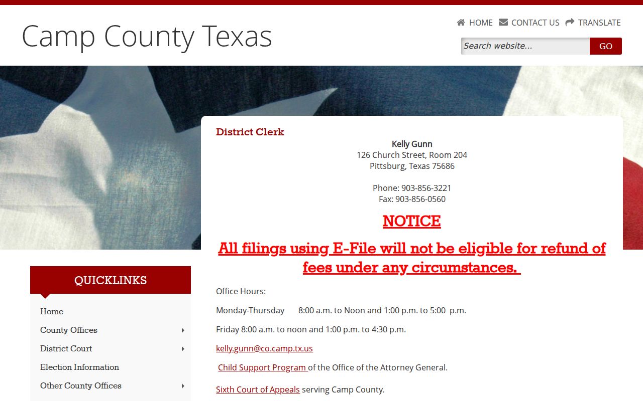 Camp County court docket District Clerk contact page
