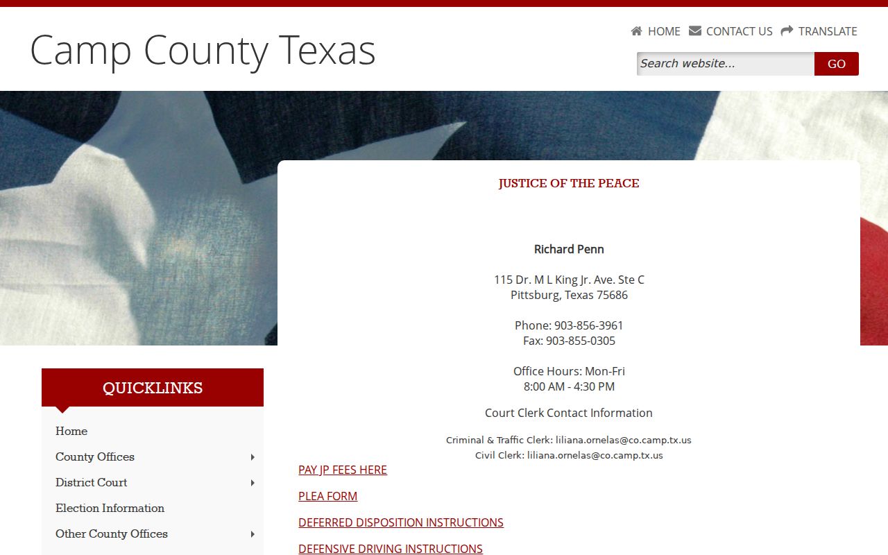 Camp County court docket Justice Court traffic access page